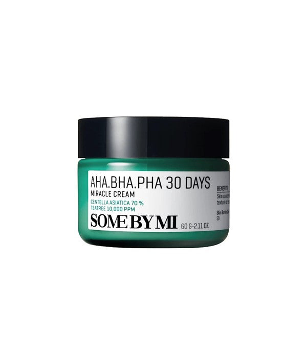 Some By Mi AHA BHA PHA 30 Days Miracle Cream in a 60g jar, a Korean beauty moisturizer for clear, hydrated skin.