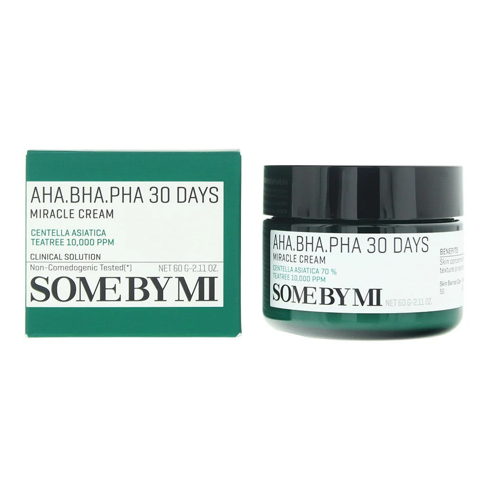 Some By Mi AHA BHA PHA 30 Days Miracle Cream in a 60g jar, a K-beauty moisturizer with exfoliating and hydrating properties.