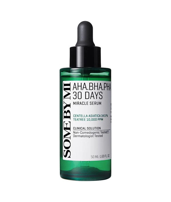 Some By Mi AHA BHA PHA 30 Days Miracle Serum in a 50ml bottle, showcasing the K-beauty serum with clear packaging and pump dispenser.