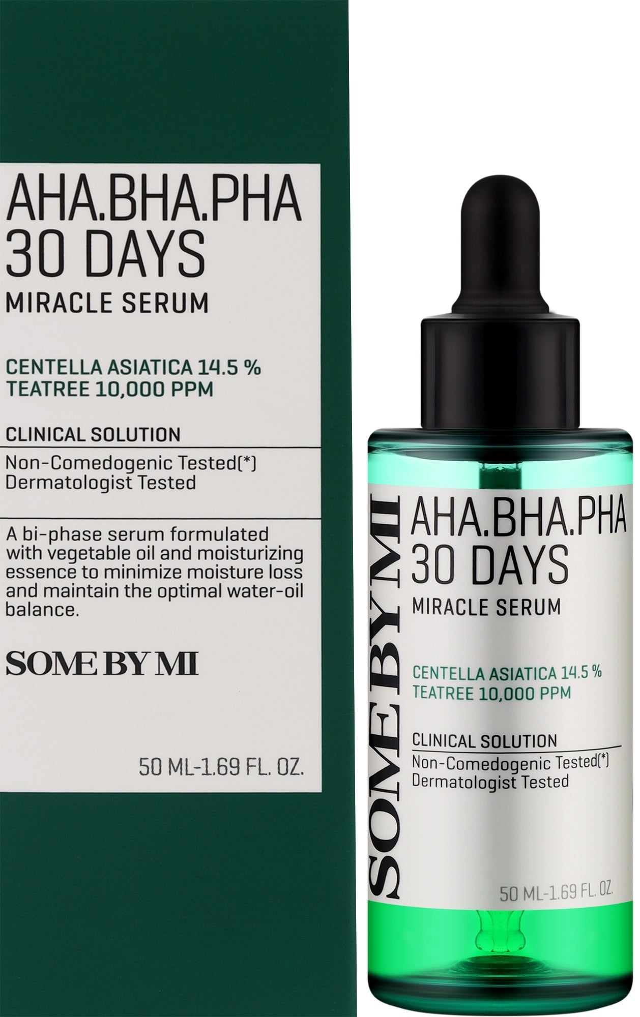 Some By Mi AHA BHA PHA 30 Days Miracle Serum bottle, a K-beauty skincare serum with 50ml size and clear packaging.