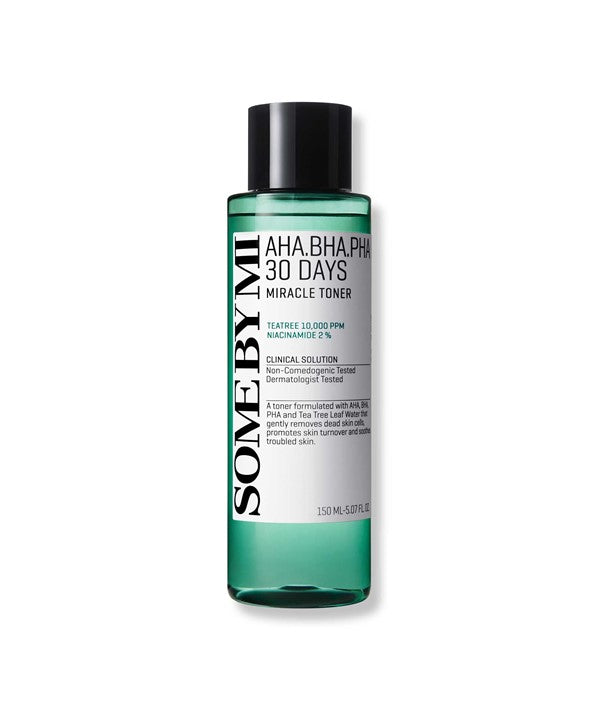 Some By Mi AHA BHA PHA 30 Days Miracle Toner in a 150ml bottle, showcasing clear liquid and minimalist packaging.