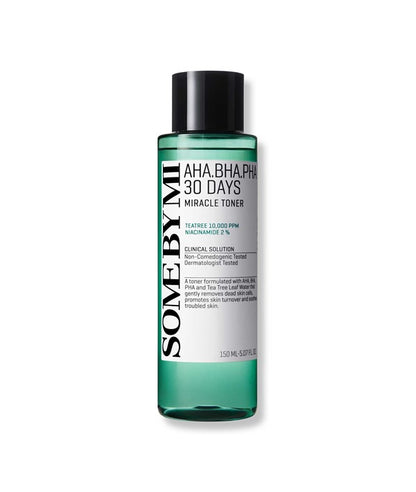 Some By Mi AHA BHA PHA 30 Days Miracle Toner in a 150ml bottle, showcasing clear liquid and minimalist packaging.