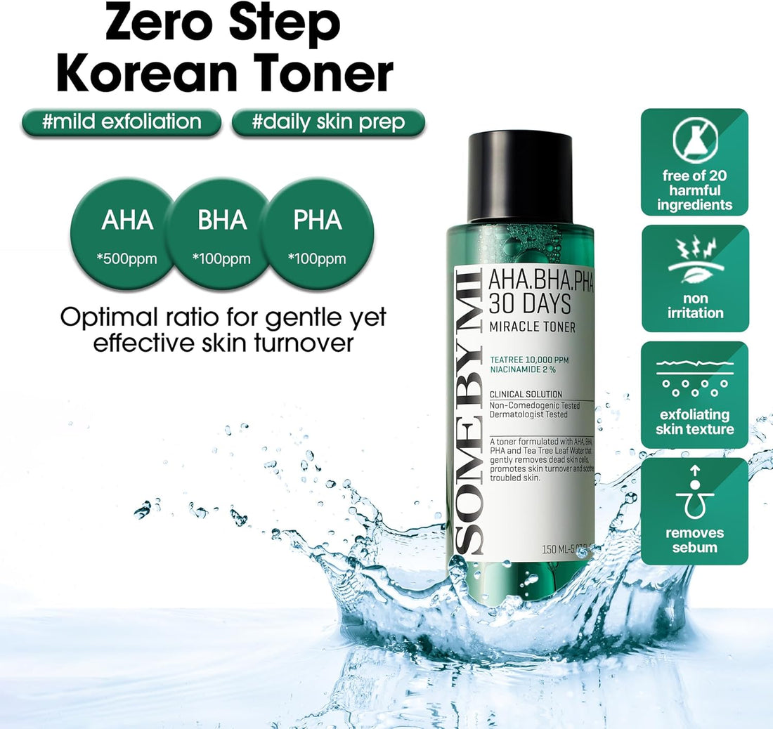 Some By Mi AHA BHA PHA 30 Days Miracle Toner in a 150ml bottle, a K-beauty toner for clear, refreshed skin.