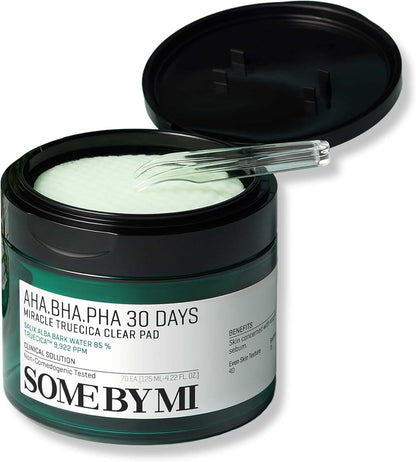 Some By Mi AHA BHA PHA 30 Days Miracle Truecica Clear Pad, K-beauty skincare mask with exfoliating and soothing ingredients.