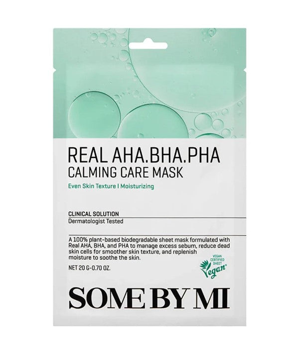 Some By Mi Real AHA BHA PHA Calming Care Mask in a 20g packet, featuring a K-beauty mask with calming and exfoliating ingredients.