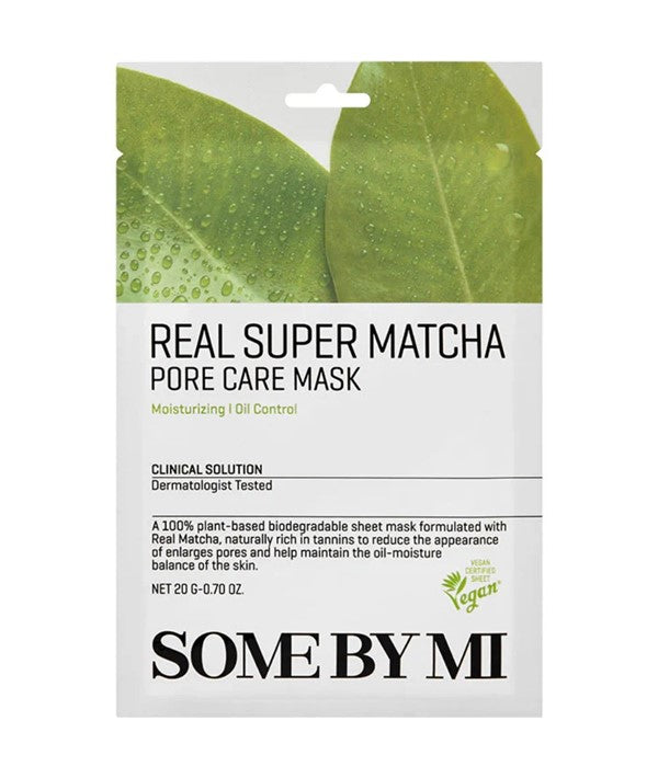 Some By Mi Real Super Matcha Pore Care Mask spread on a white surface, showcasing the K-beauty face mask in a 20g package.