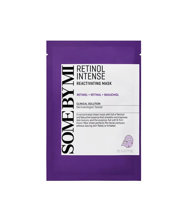 Some By Mi Retinol Intense Reactivating K-Beauty Mask in 22g jar with white and purple packaging and product label visible.