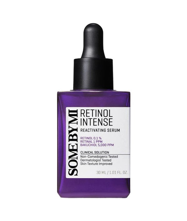 Some By Mi Retinol Intense Reactivating Serum in a 30ml bottle, featuring clear packaging with a white label and black cap.