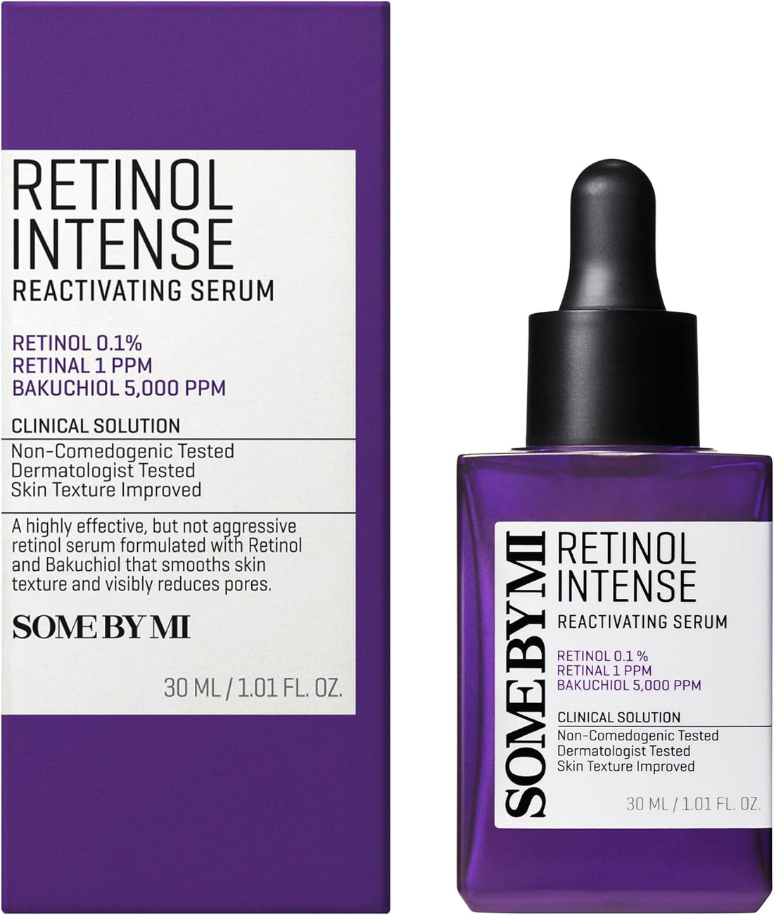 Some By Mi Retinol Intense Reactivating Serum in a 30ml bottle, showcasing the sleek packaging of this K-beauty skincare product.