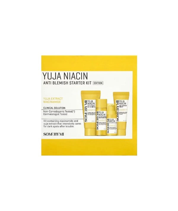 Some By Mi Yuja Niacin Anti Blemish Starter Kit with skincare products and packaging for brightening and blemish control.