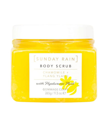 Sunday Rain Chamomile Ylang Ylang body scrub in a jar, featuring chamomile and ylang ylang botanical ingredients for bath and shower use.
