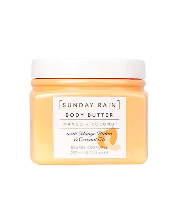 Sunday Rain Mango and Coconut Body Butter jar showing creamy texture and tropical scent for nourishing body care.