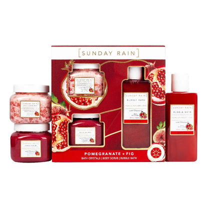 Sunday Rain Pomegranate and Fig skincare gift set with three body care products, featuring pomegranate and fig scents.