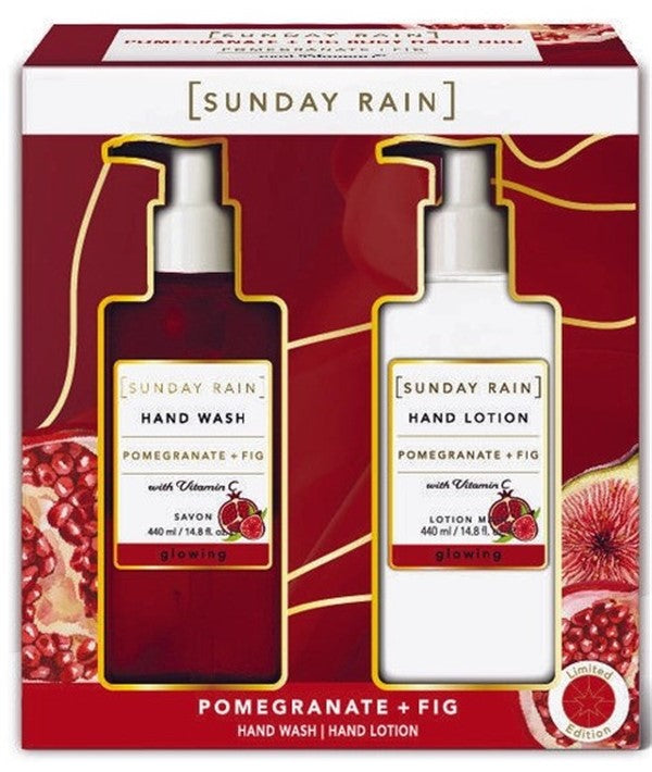 Sunday Rain Pomegranate and Fig hand skincare gift set featuring two nourishing hand creams with natural fruit extracts.