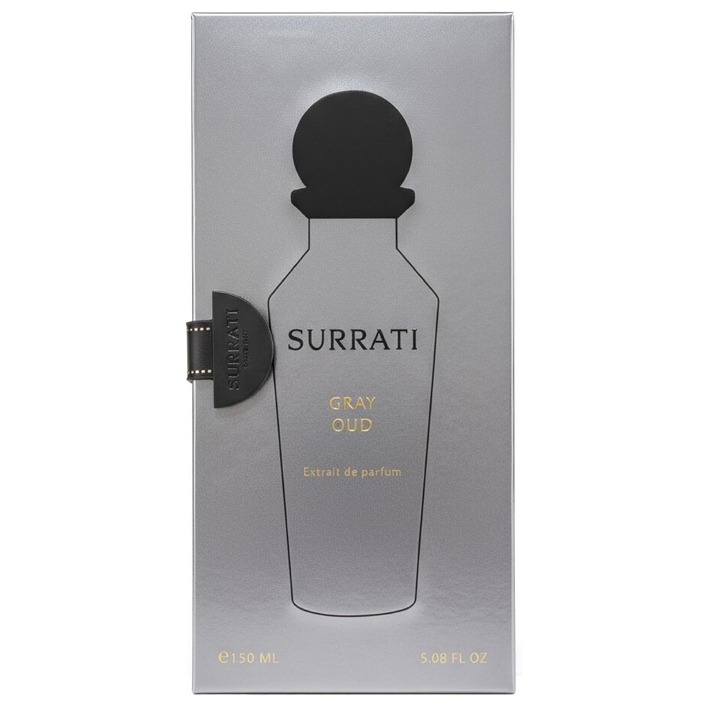 Surrati Gray Oud Extrait de Parfum for Him bottle with gray oud fragrance design