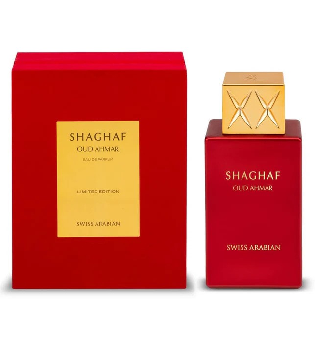 Swiss Arabian Shaghaf Oud Ahmar Eau De Parfum for Him, elegant glass bottle with gold accents, showcasing the luxurious fragrance.