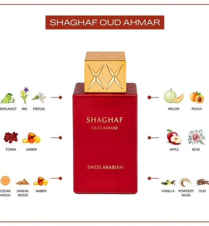 Swiss Arabian Shaghaf Oud Ahmar Eau De Parfum for him, featuring a sleek glass bottle with deep red accents and elegant design.