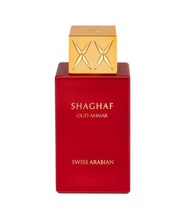 Swiss Arabian Shaghaf Oud Ahmar Eau De Parfum for Him, elegant glass bottle with dark amber fragrance, luxurious scent display