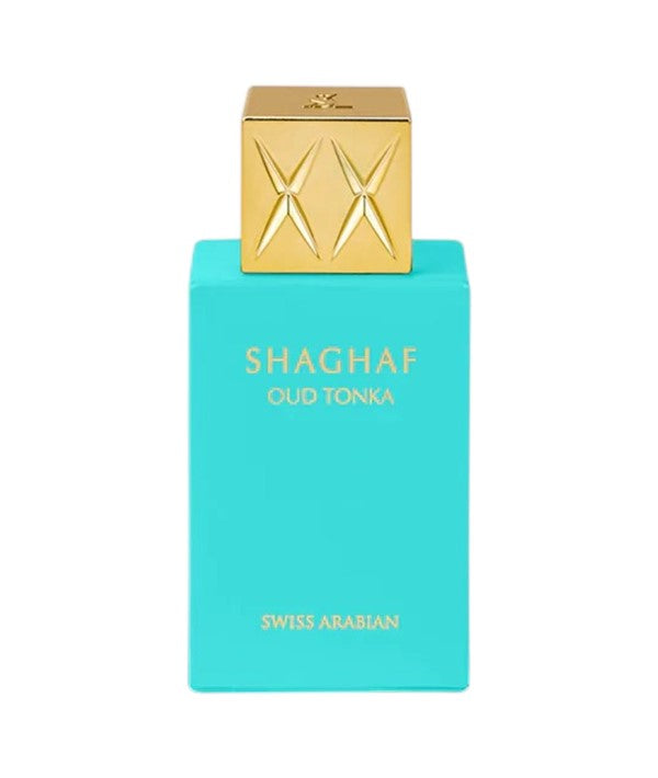 Swiss Arabian Shaghaf Oud Tonka Eau De Parfum for her, elegant bottle with gold accents, showcasing the luxurious fragrance.