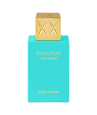 Swiss Arabian Shaghaf Oud Tonka Eau De Parfum for her, elegant bottle with gold accents, showcasing the luxurious fragrance.