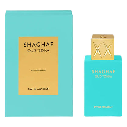 Swiss Arabian Shaghaf Oud Tonka Eau De Parfum for Her, elegant bottle with warm, sweet floral and woody fragrance details