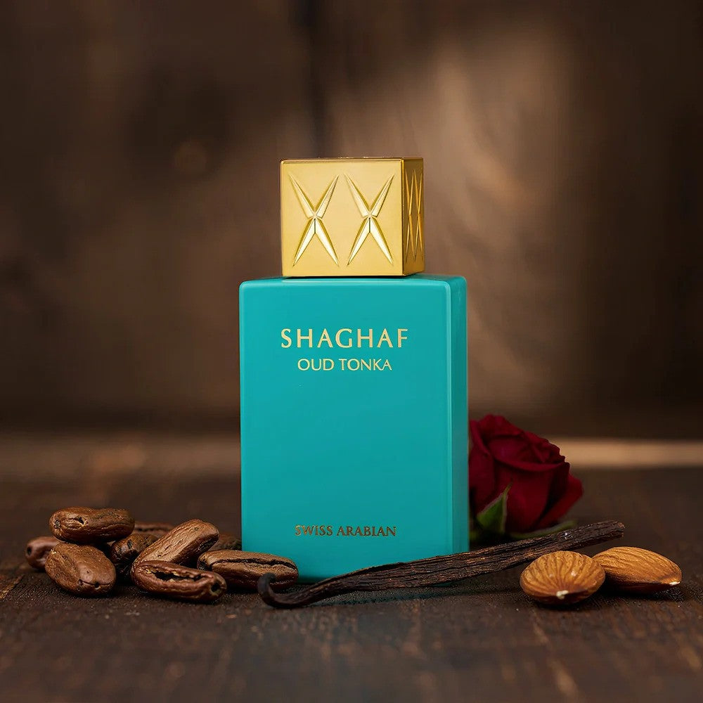 Swiss Arabian Shaghaf Oud Tonka Eau De Parfum for Her, elegant bottle with warm, woody and sweet fragrance notes.