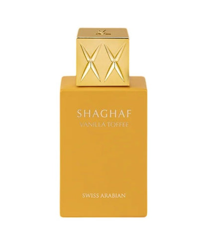 Swiss Arabian Shaghaf Vanilla Toffee Eau De Parfum for Him, featuring a sleek bottle with warm vanilla and toffee scent notes.