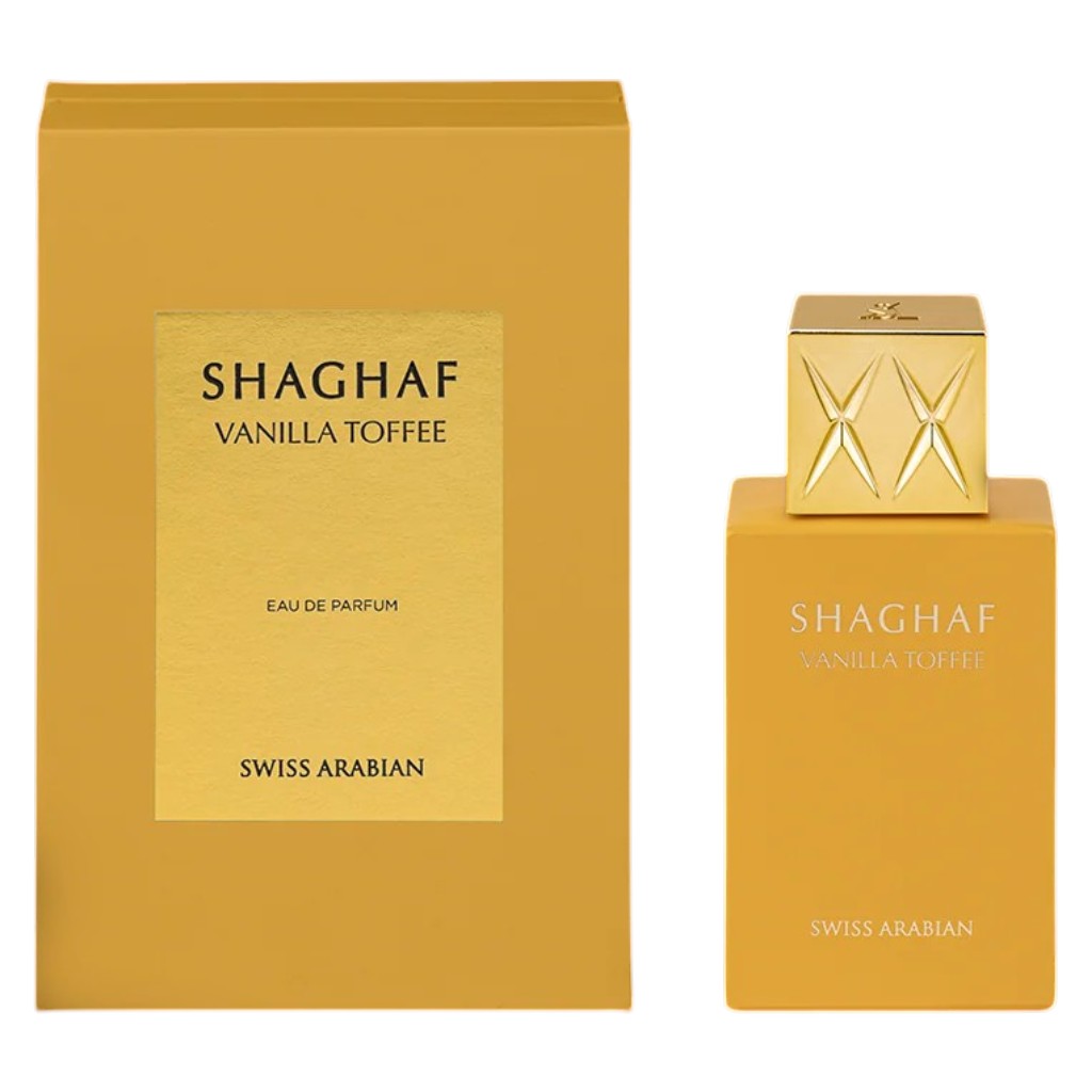 Swiss Arabian Fragrances Shaghaf Vanilla Toffee Eau De Parfum for him, shown in a sleek bottle with warm vanilla and toffee accents.