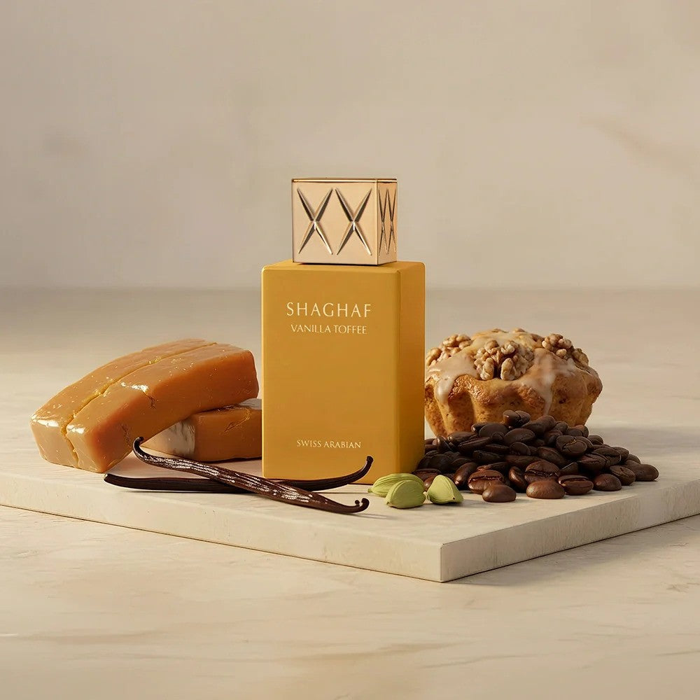 Swiss Arabian Fragrances Shaghaf Vanilla Toffee Eau De Parfum for him, featuring a sleek bottle with warm vanilla and toffee notes.