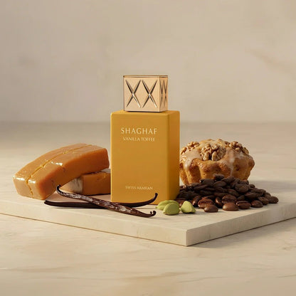 Swiss Arabian Fragrances Shaghaf Vanilla Toffee Eau De Parfum for him, featuring a sleek bottle with warm vanilla and toffee notes.