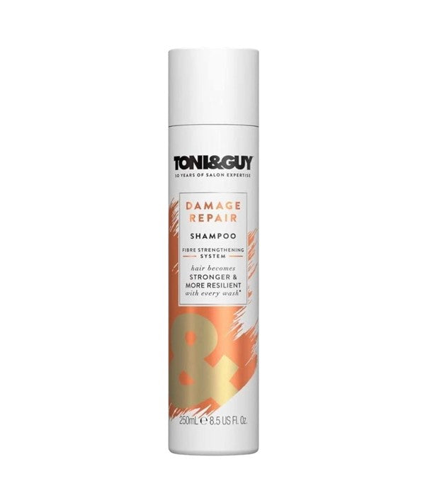 Toni and Guy Damage Repair Shampoo bottle showing 250ml size with sleek black and white packaging.