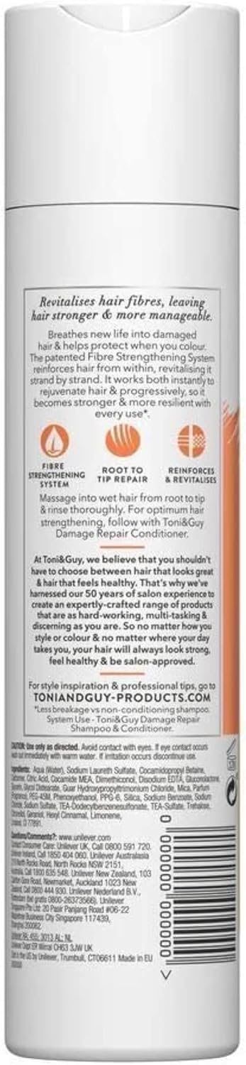 Toni And Guy Damage Repair Shampoo bottle with 250ml size, featuring sleek packaging and label design.