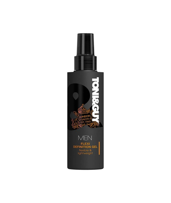 Toni And Guy Men Flexi Definition Gel in a clear bottle, showing the gel texture and branding for men&