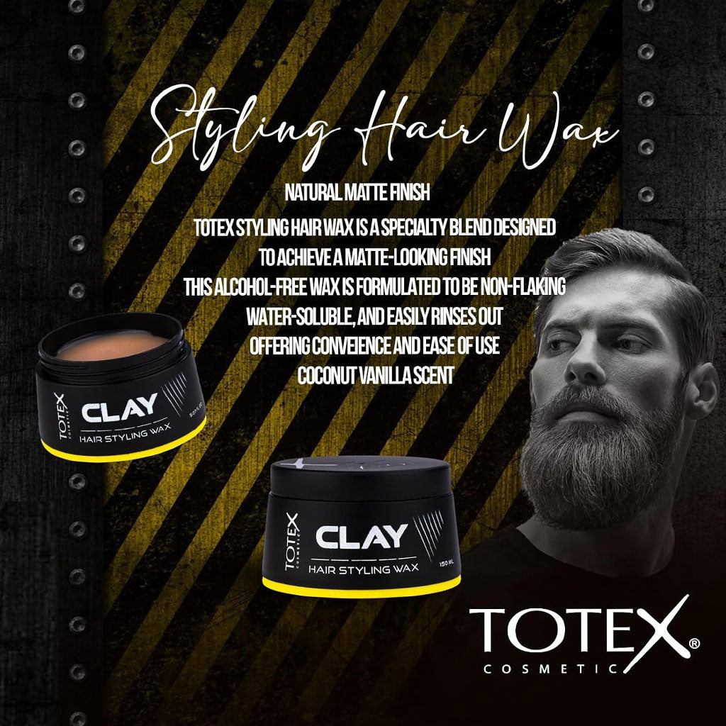 Totex Cosmetic clay hair styling wax jar with black lid, showing the product label and textured wax inside.