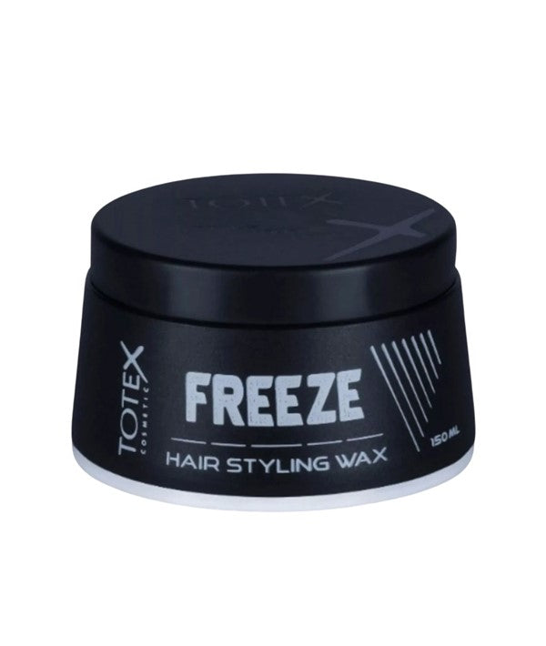 Container of Totex Cosmetic Freeze Hair Styling Wax with black lid and clear jar showing the white wax inside.