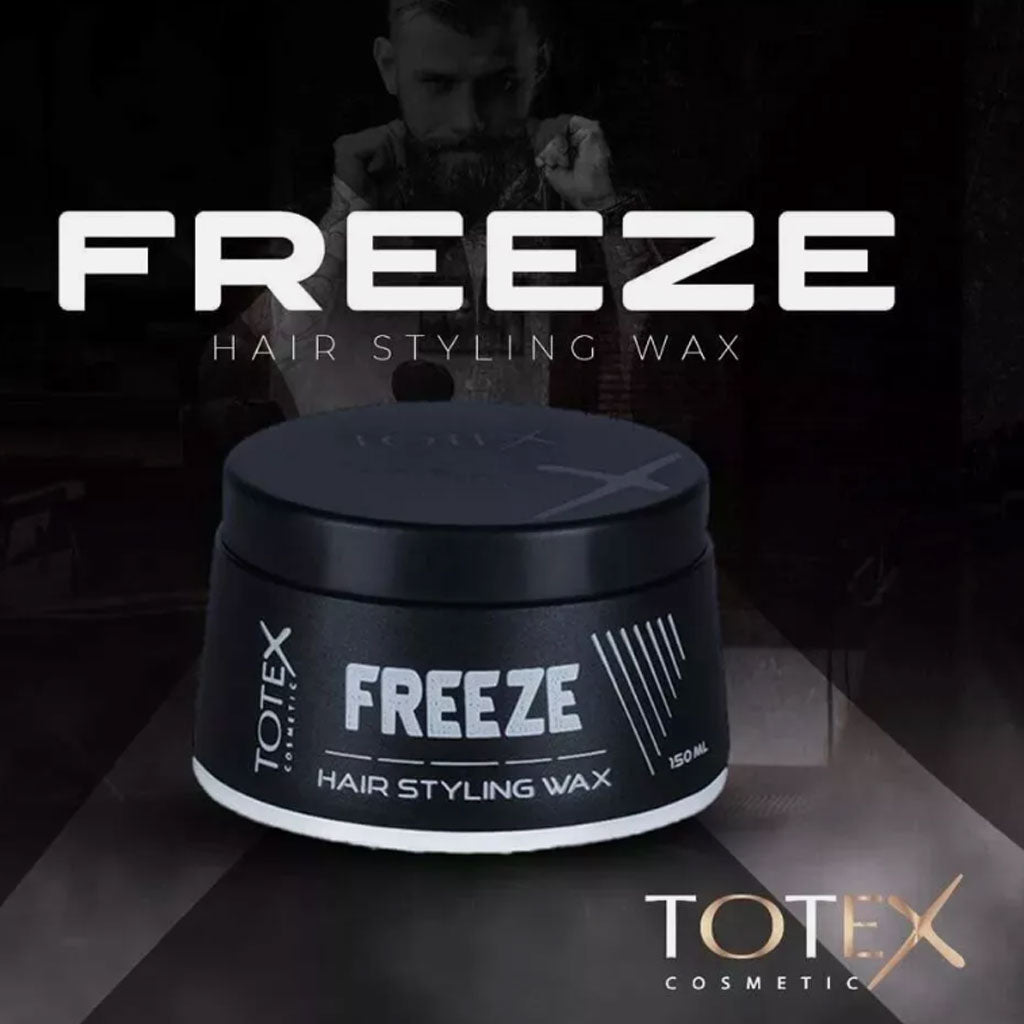 Container of Totex Cosmetic Freeze Hair Styling Wax, a hair styling product in a jar with a white lid and label.