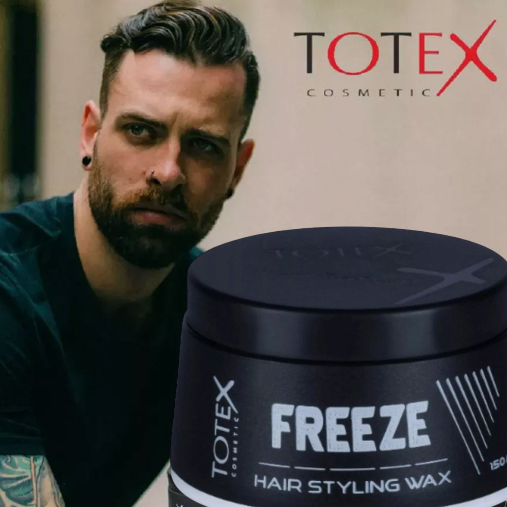 Totex Cosmetic Freeze Hair Styling Wax jar showing the product label and black wax inside, ideal for strong hold hairstyling.