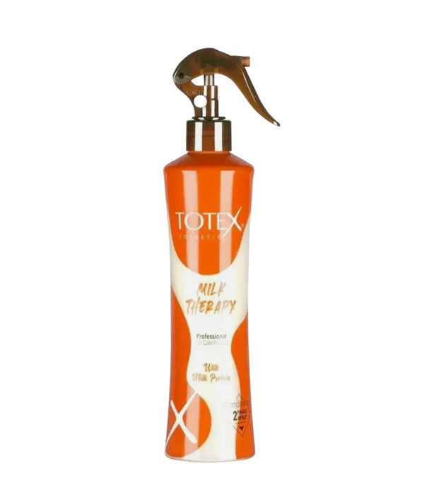 Totex Milk Therapy Conditioner 2-Phase spray with milk protein, shown in a clear bottle with a spray nozzle, for nourishing hair.