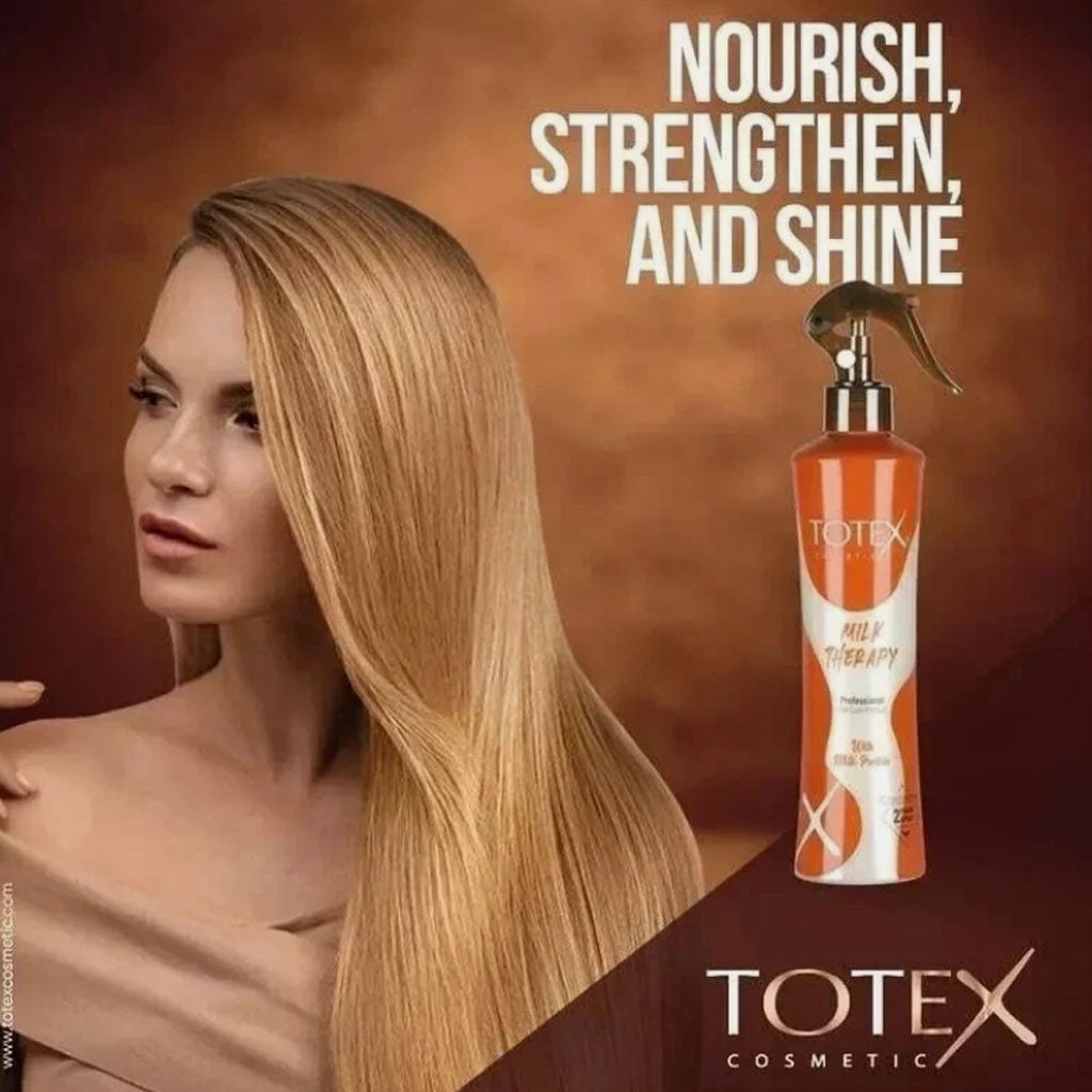 Totex Milk Therapy Conditioner 2-Phase Spray with milk protein, in a spray bottle, for nourishing hair care.