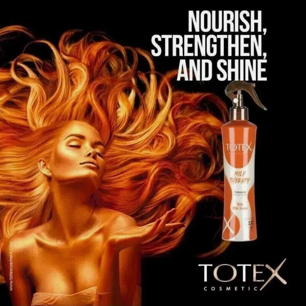Totex Milk Therapy Conditioner 2-Phase Spray with Milk Protein, nourishing hair treatment in a spray bottle.