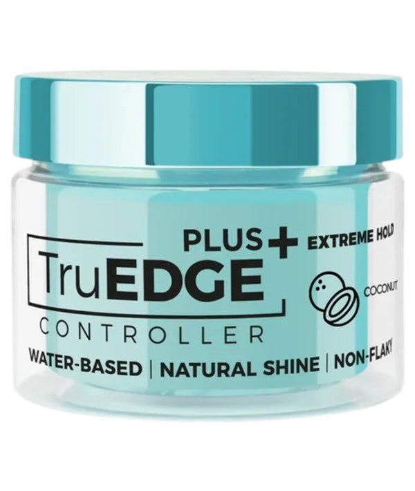 NICKA K NEWYORK Tyche Truedge Controller Extreme Hold hair styling gel in coconut scent, shown in a sleek black jar.
