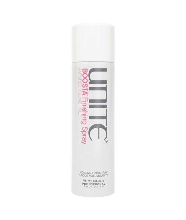Unite Hair Boosta amplified volume finishing hairspray bottle with spray nozzle and product label, for long-lasting hold and volume.