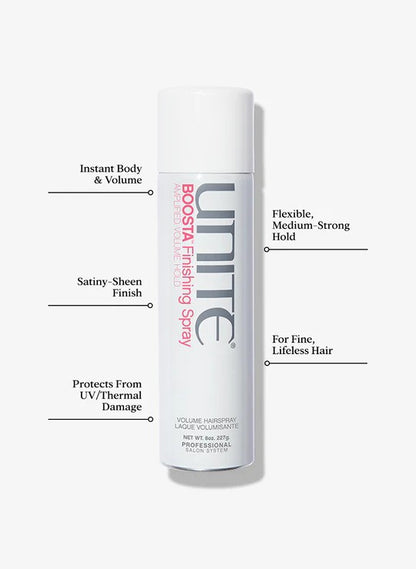 Unite Hair Boosta Amplified Volume Finishing Hairspray bottle with spray nozzle, designed to add volume and hold to styled hair.