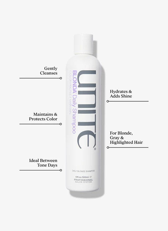 Unite Hair Blonda Daily Blonde Shampoo bottle with label, designed for blonde hair care, on a white background.