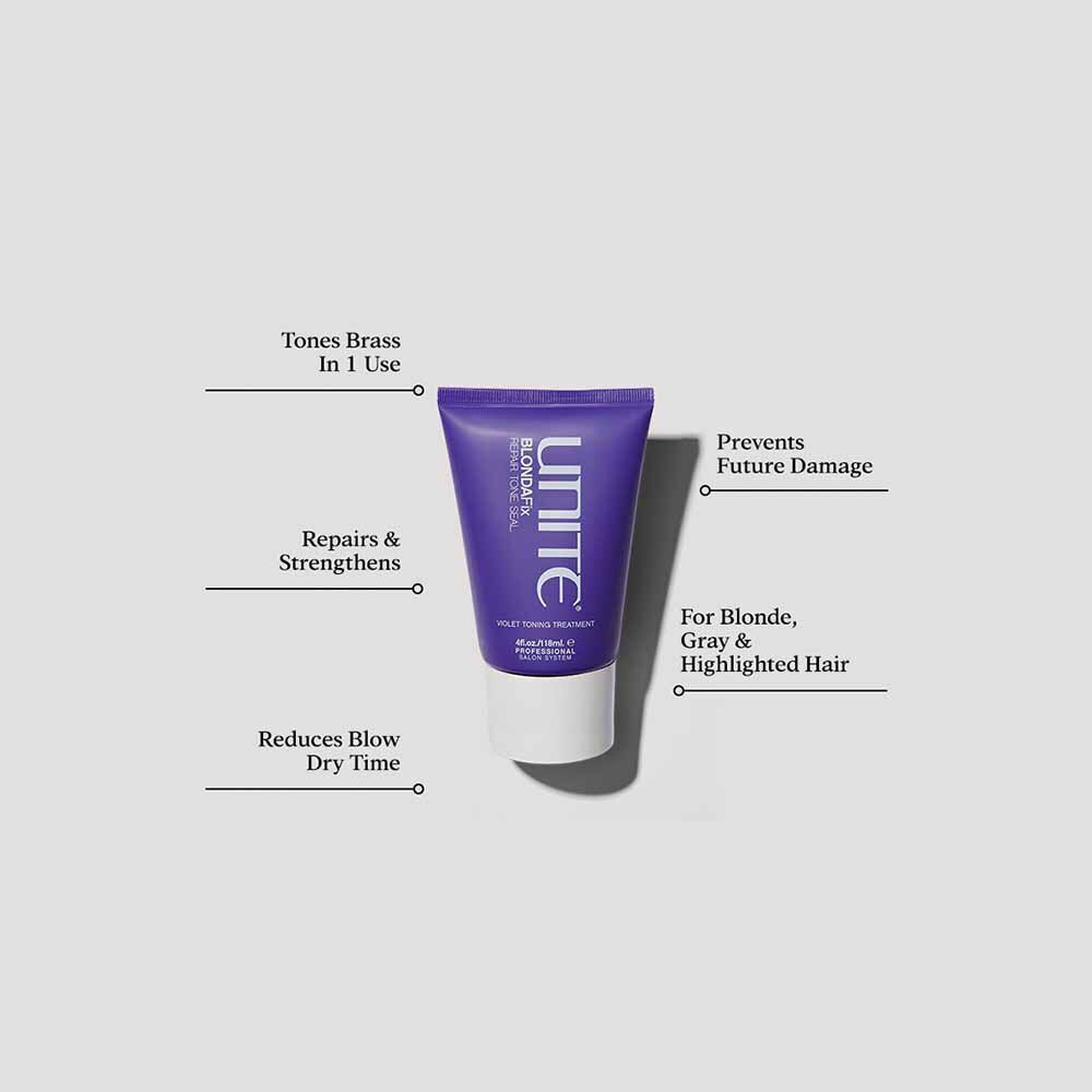 Unite Hair Blonda Fix Violet Toning Treatment bottle, hair treatment for blonde hair, with purple-toned formula for toning and brightening.