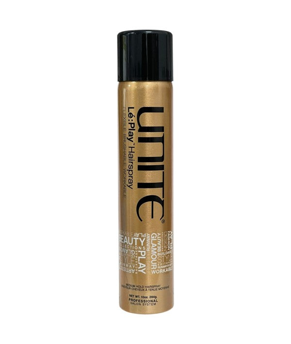 Unite Hair Le Play Medium Hold Hairspray bottle, showcasing the professional hair styling product with a sleek design.