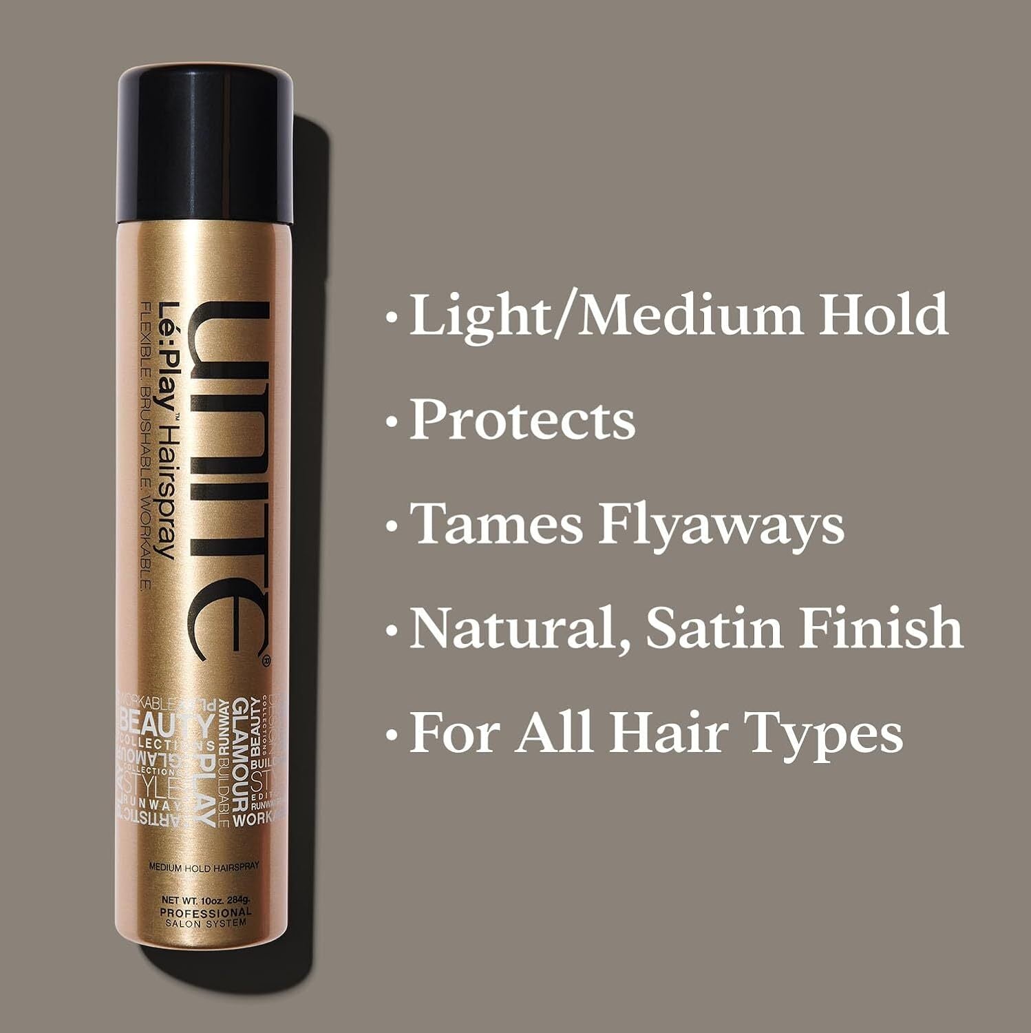 Unite Hair Le Play Medium Hold Hairspray bottle showing the product label and spray nozzle for hair styling.