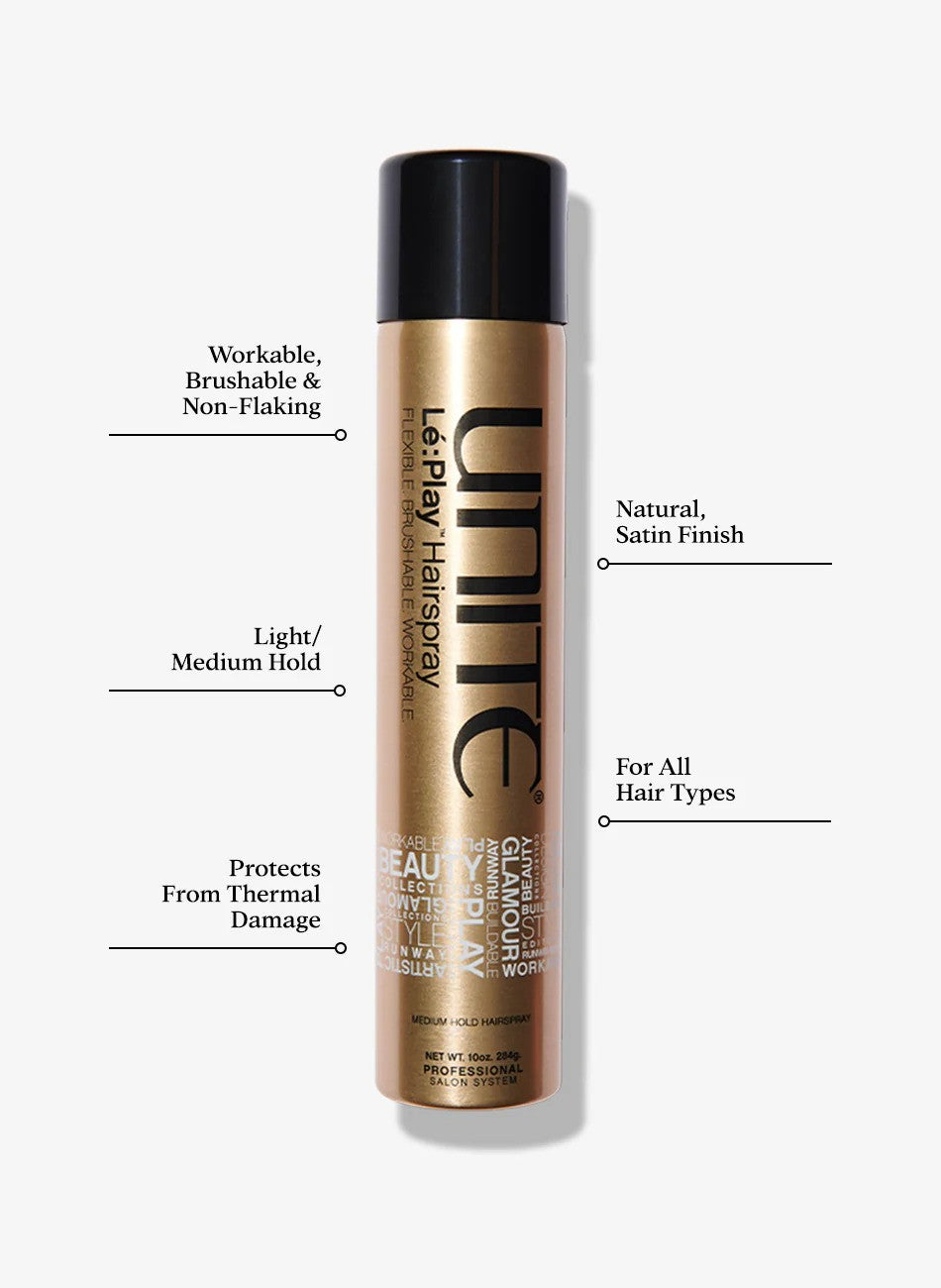 Unite Hair Le Play Medium Hold Hairspray in a spray bottle, designed for flexible styling and long-lasting hold.