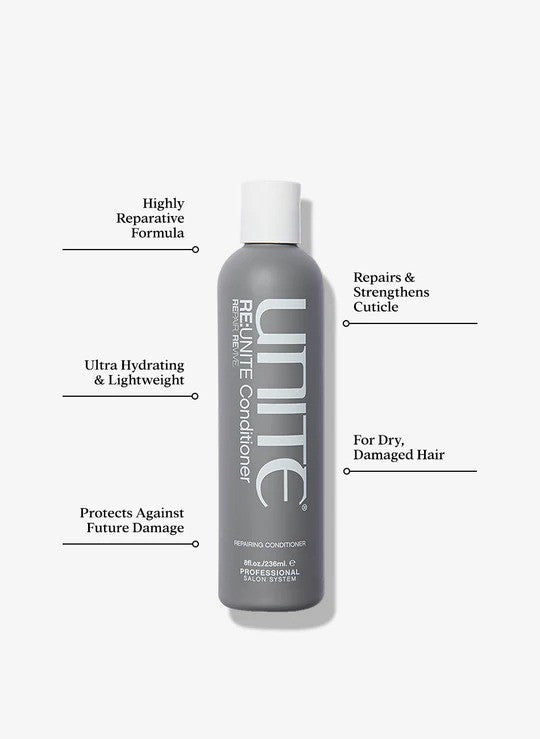Unite Hair Re Unite Repairing Conditioner bottle with label, creamy texture, and pump dispenser for damaged hair repair.
