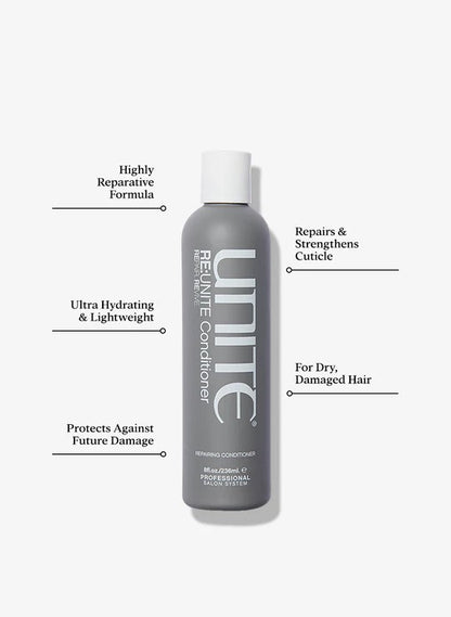 Unite Hair Re Unite Repairing Conditioner bottle with label, creamy texture, and pump dispenser for damaged hair repair.